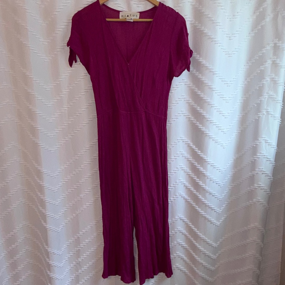 Hiatus Womens Magenta Purple Gauze Wide Leg Jumpsuit V-Neck Short Sleeve Size M
